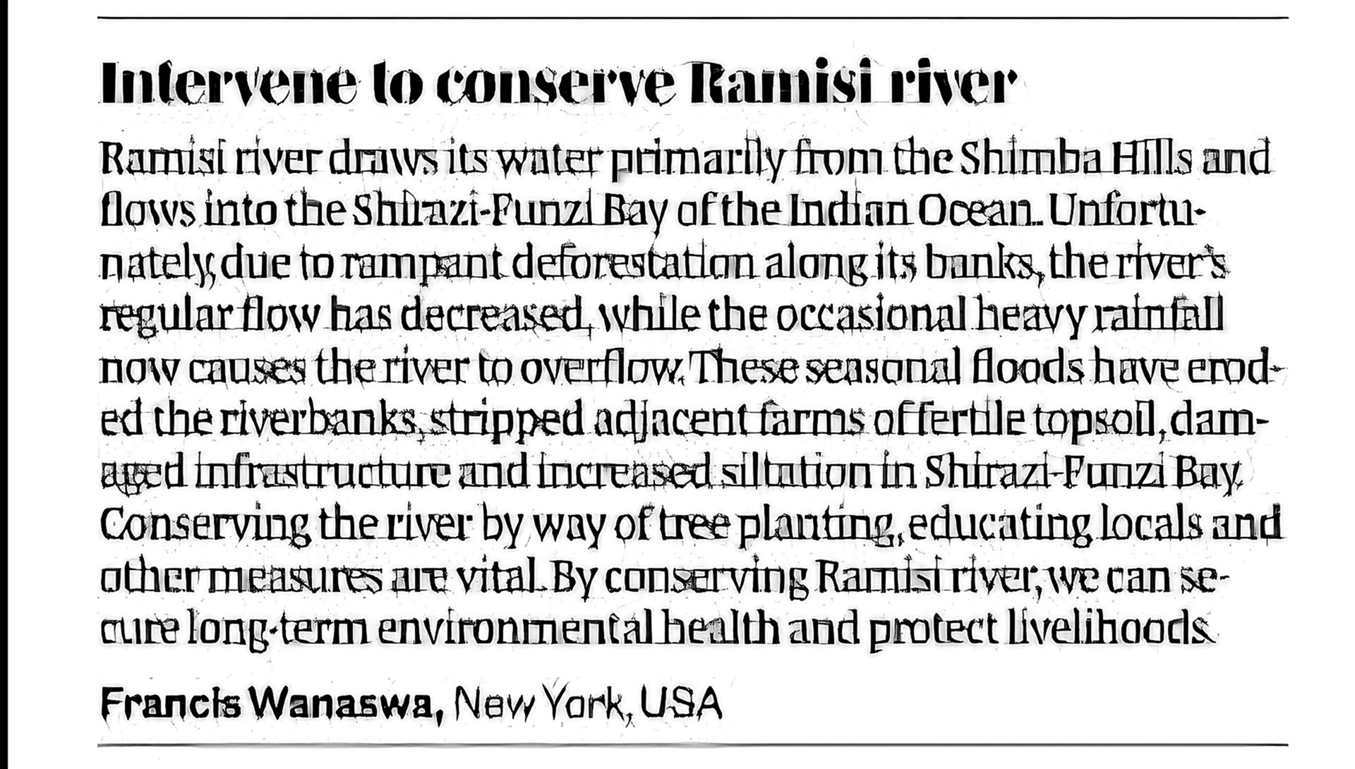 Letter to the editor published in the Daily Nation on 28 August 2024, titled Intervene to conserve Ramisi river, by Francis Wanaswa