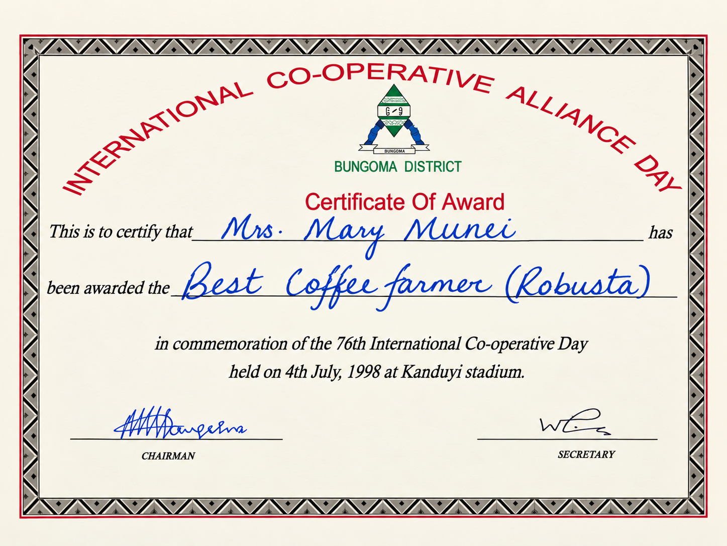 Certificate award to Mary Munei as Best Coffee Farmer (Robusta) on International Co-operative Alliance Day, 4 July 1998