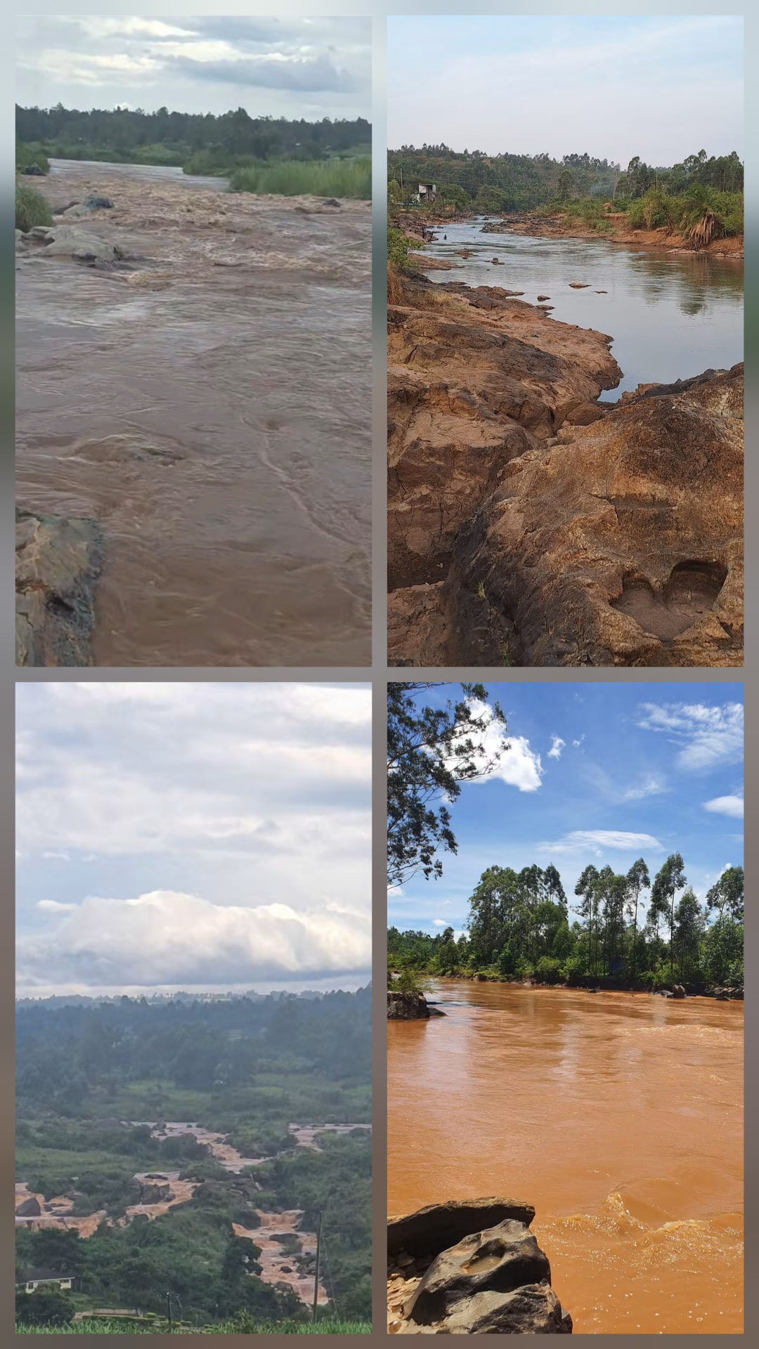 River Nzoia at Webuye shown in four phases, with exposed banks and degraded riparian vegetation
