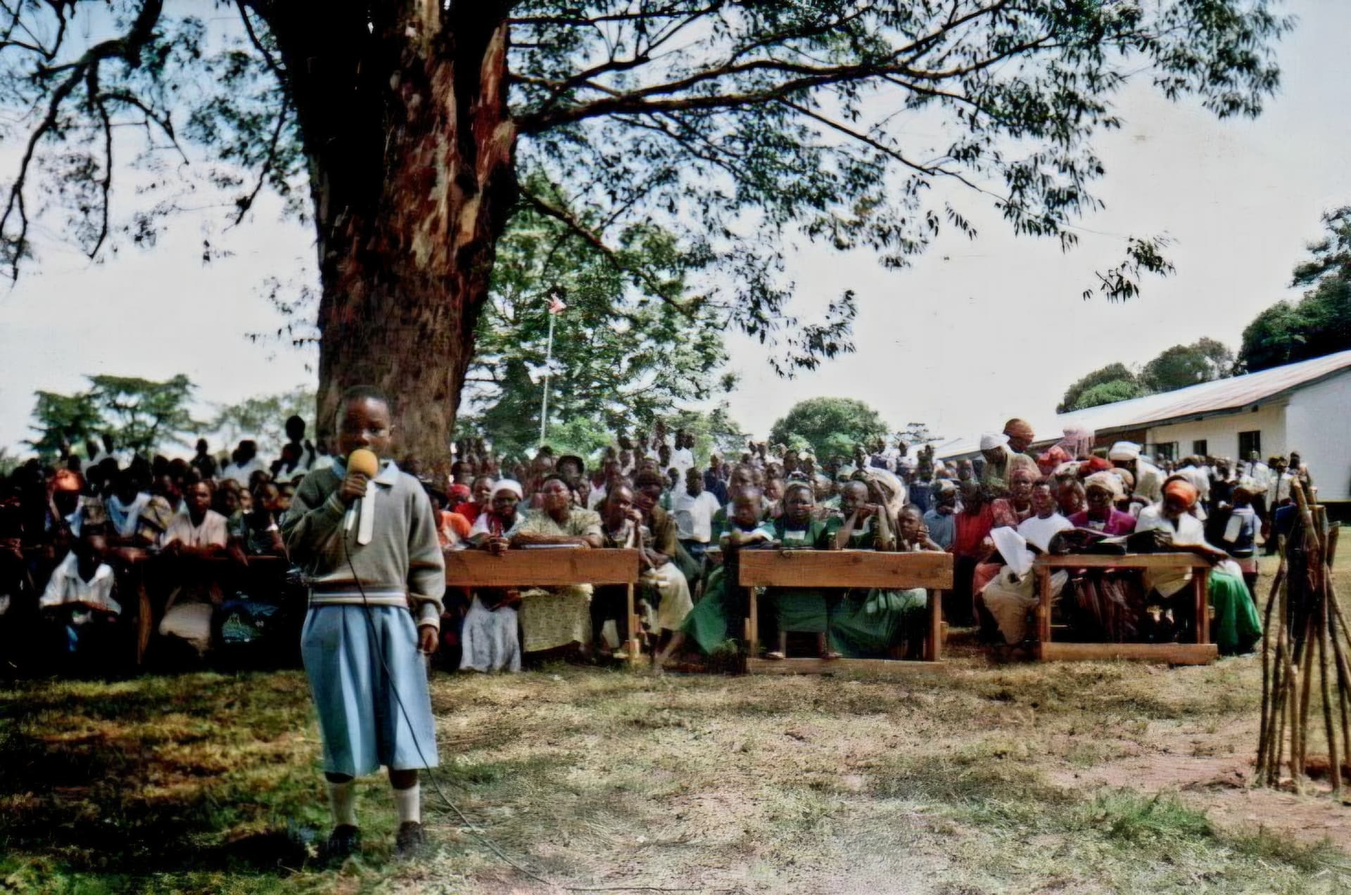 A schoolboy speaking into a microphone beside a large tree with a seated crowd behind him