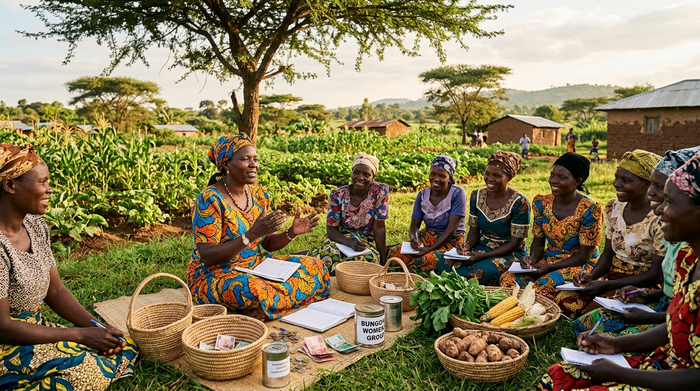 Women from a Bungoma savings group meet to share resources, record contributions and plan together