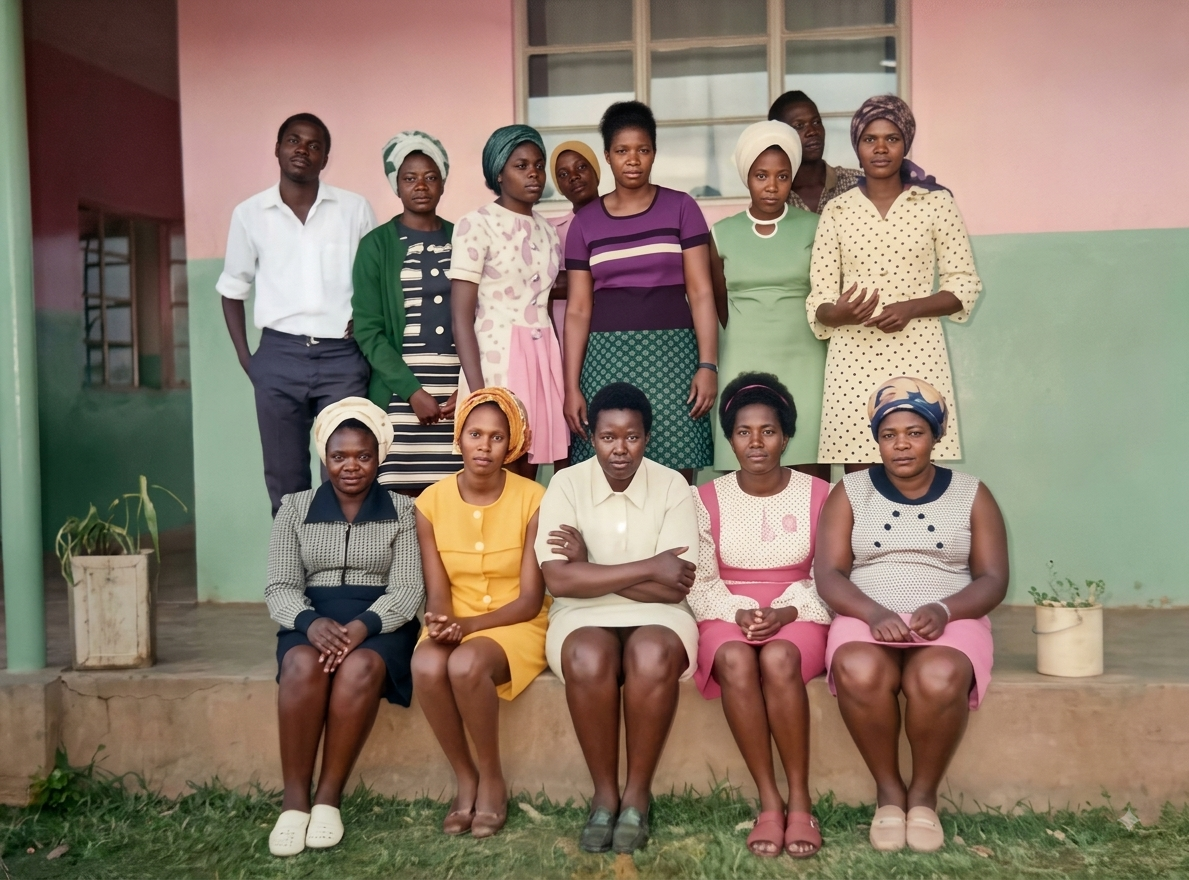 Mary Munei standing first from right with teaching colleagues at the Commonwealth School, 1977