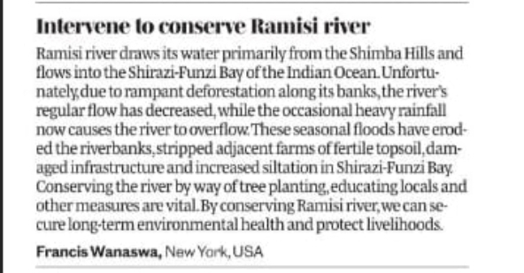 Letter to the editor published in the Daily Nation on 28 August 2024, titled Intervene to conserve Ramisi river, by Francis Wanaswa