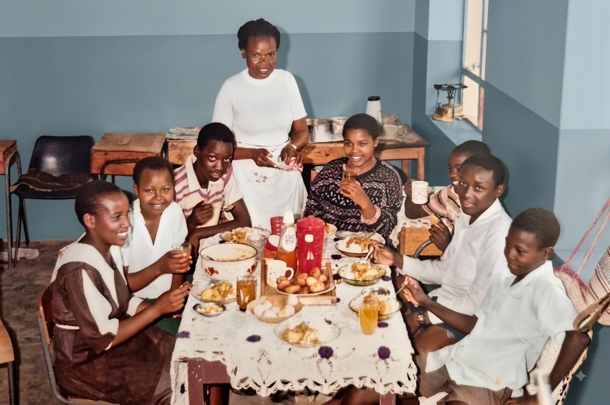 Students and a teacher gathered around a table of food during a cooking lesson at Commonwealth School, circa 1982