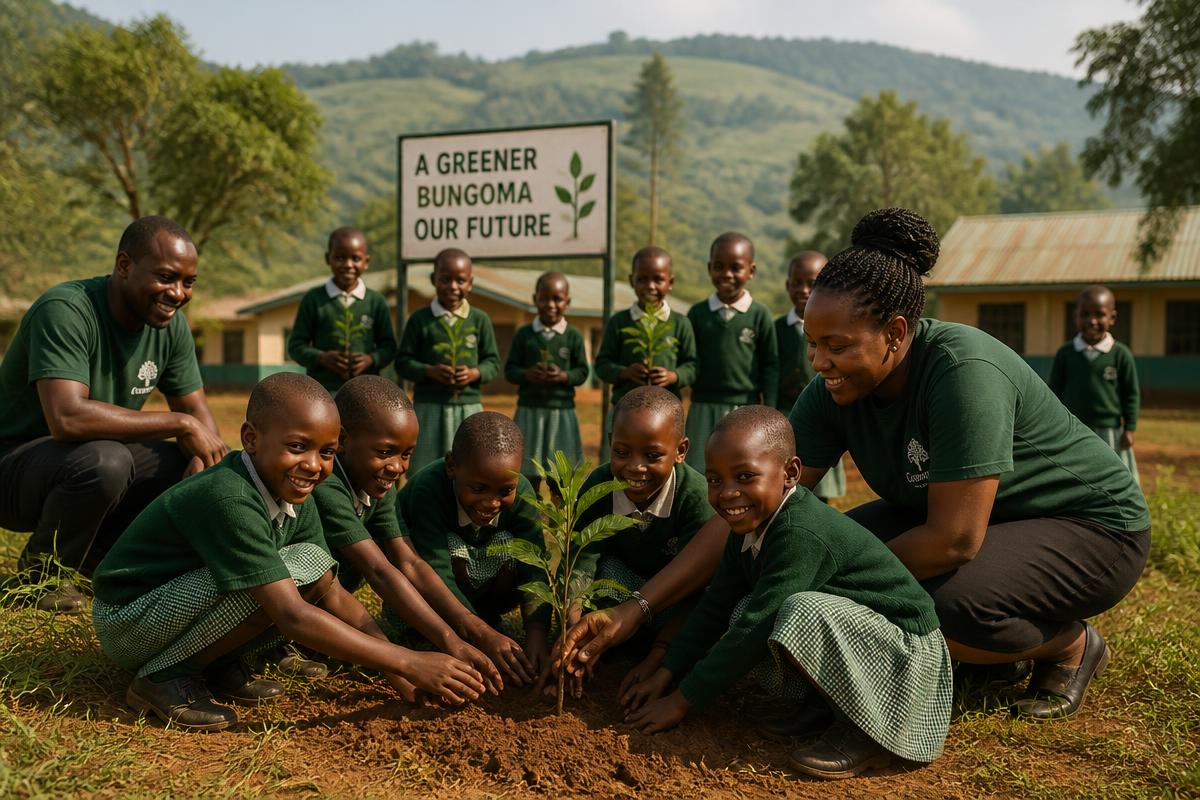 Students and community members planting trees at a Bungoma school